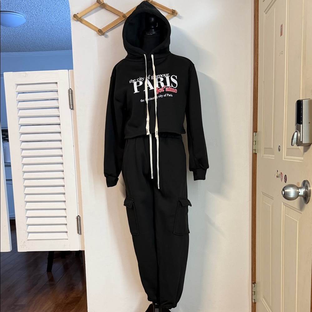Paris Print Black Hooded Jumpsuit